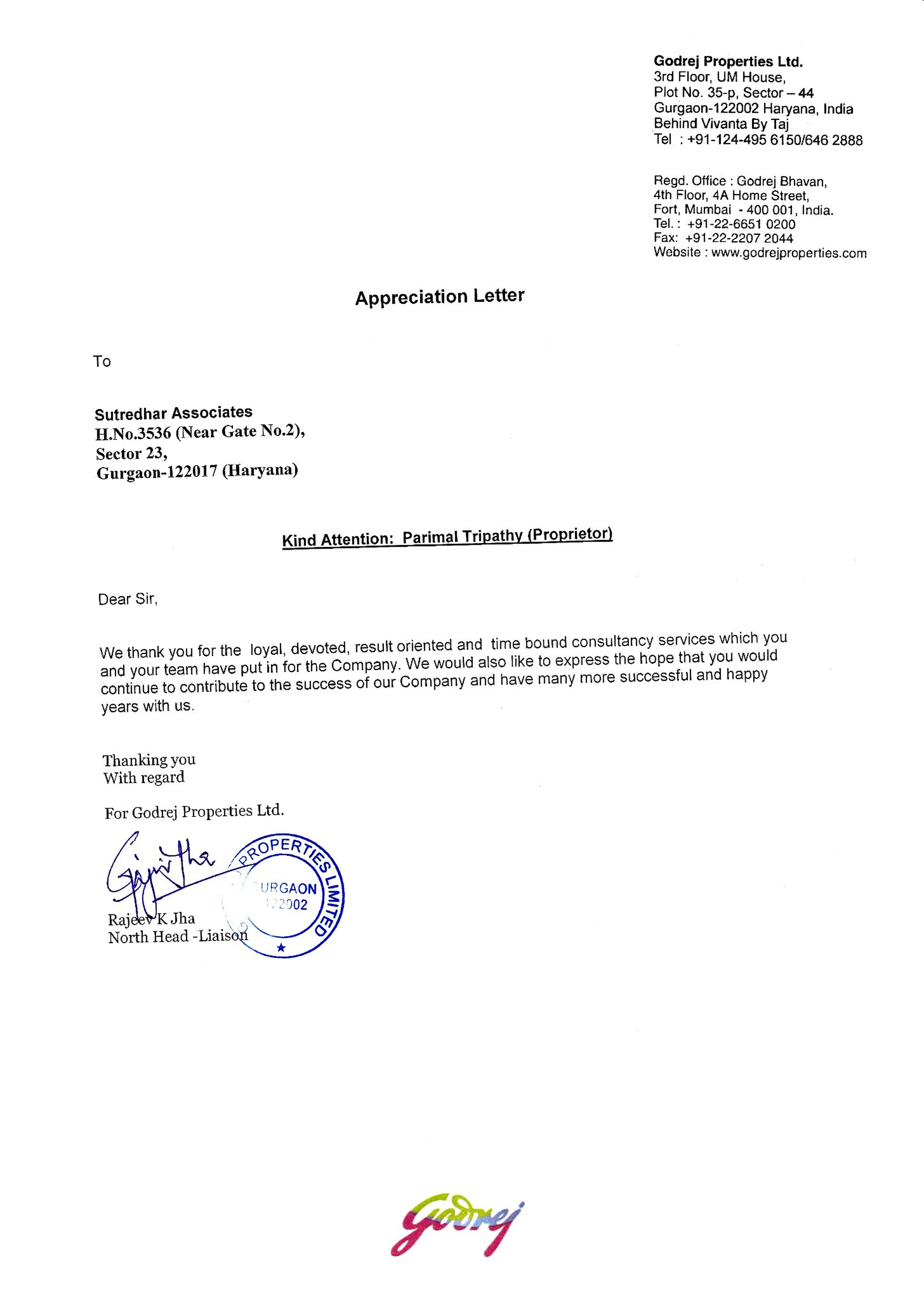 Godrej Properties Appreciation Letter