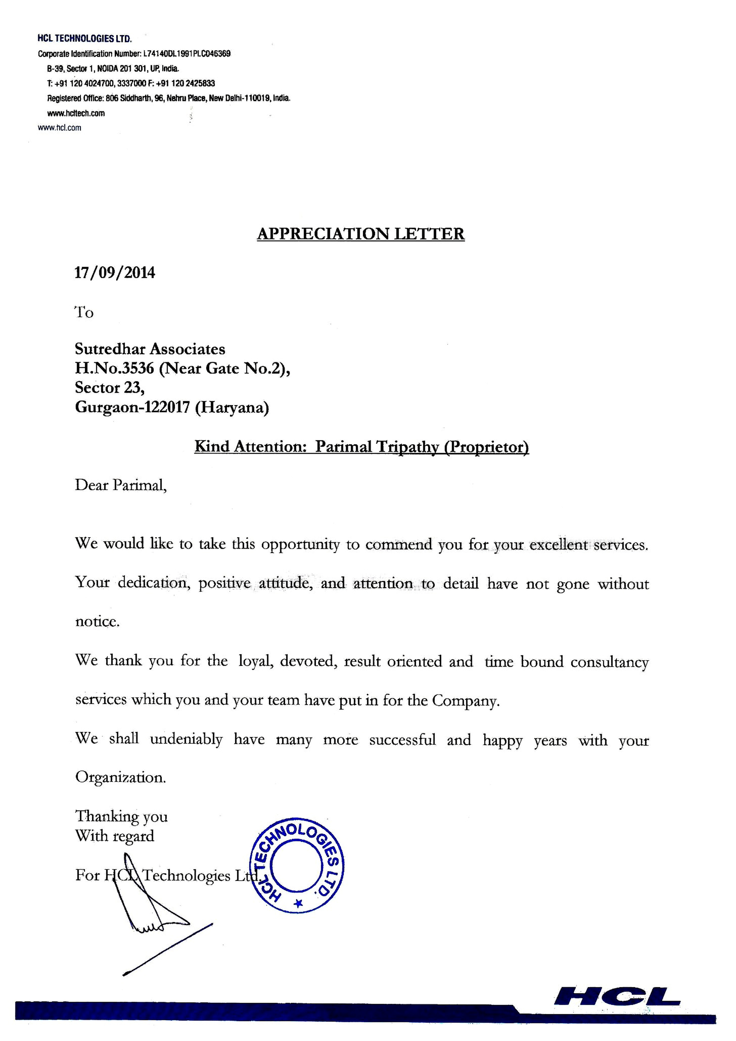 HCL Technologies Appreciation Letter