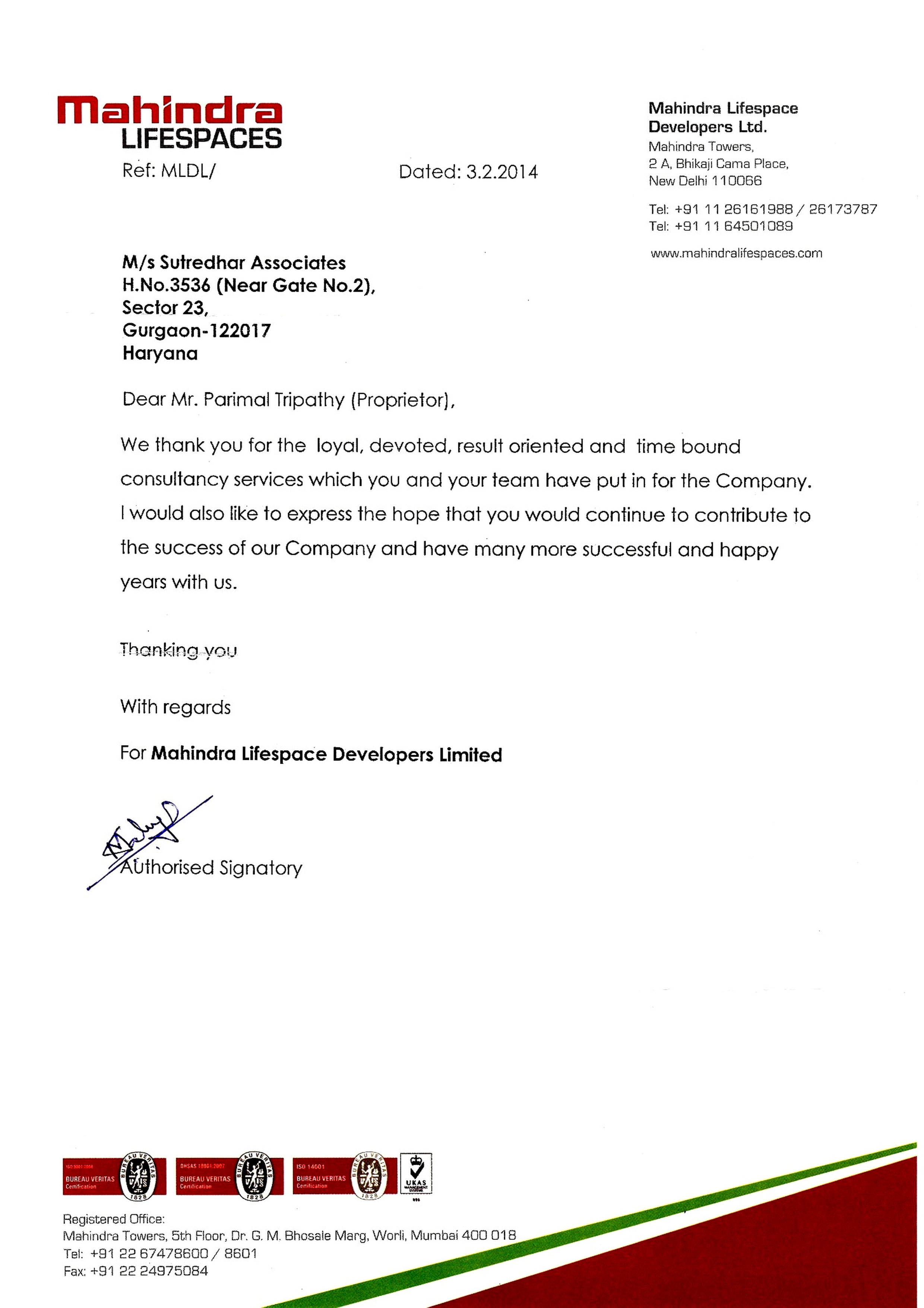 Mahindra Lifespaces Appreciation Letter